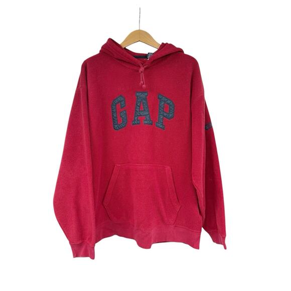 VTG Y2K Gap Hoodie Mens L Red Fleece Spellout Distressed 90s Fade Pile - Picture 1 of 6